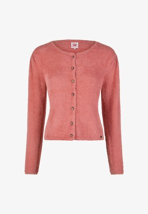 Weicher, rosa, langärmeliger Cardigan mit rundem Ausschnitt und sechs silbernen Knöpfen an der Vorderseite.