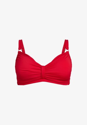 Červený bikiny top vyrobený z hladkého materiálu. Má zhrnuté stredy a nastaviteľné ramienka. Jednoduchý, moderný dizajn bez ďalších vzorov.