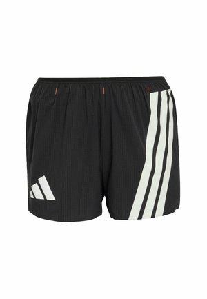 Shorts de sport noirs avec une ceinture élastique, comportant un motif de trois rayures blanches sur le côté et un tissu texturé.