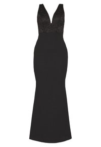 Svart aftonklänning med djup V-ringning, spetsbestånd, och figursydd kjol som vidgar sig något i botten. Slät textur, elegant design.