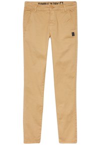 Khaki chinot, joissa on kapea istuvuus, puuvillamateriaali, klassinen viiden taskun muotoilu ja logotunnus etutaskussa.