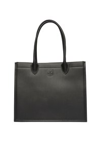 Czarna skórzana torba tote o gładkiej teksturze, z podwójnymi, zaokrąglonymi uchwytami i subtelnie wytłoczonym logo z przodu. Minimalistyczny, prostokątny design.
