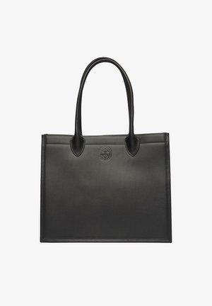 Czarna skórzana torba tote o gładkiej teksturze, z podwójnymi, zaokrąglonymi uchwytami i subtelnie wytłoczonym logo z przodu. Minimalistyczny, prostokątny design.