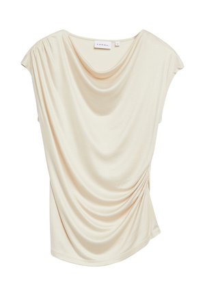 Kremowa bluzka z krótkim rękawem, z marszczonym dekoltem i marszczeniem po bokach, wykonana z gładkiej, lekkiej tkaniny.