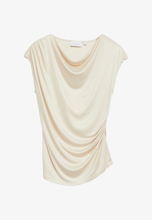 Kremowa bluzka z krótkim rękawem, z marszczonym dekoltem i marszczeniem po bokach, wykonana z gładkiej, lekkiej tkaniny.