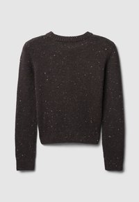 Dunkelbrauner Strickpullover mit Rundhalsausschnitt, der durchgehend mehrfarbige Farbtupfer aufweist sowie gerippte Bündchen und Saum hat.