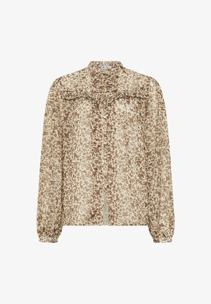 Bluzka w kwiatowy wzór z długimi rękawami, w odcieniach beżu i brązu, z falbaniastym kołnierzykiem, miękka tkanina i zapięcie na guziki z przodu.