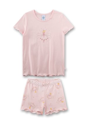 Pink cotton pajama set featuring a short-sleeve top with a fairy graphic and scalloped hem, accompanied by matching shorts with floral designs.