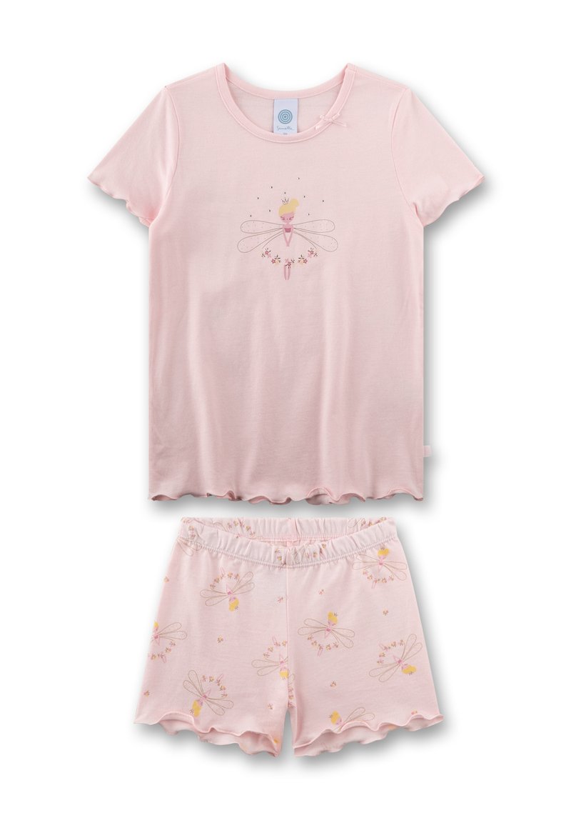 Rosa Baumwoll-Pyjama-Set mit kurzärmeligem Oberteil mit Feenmotiv und gewelltem Saum, dazu passende Shorts mit Blumenmuster.