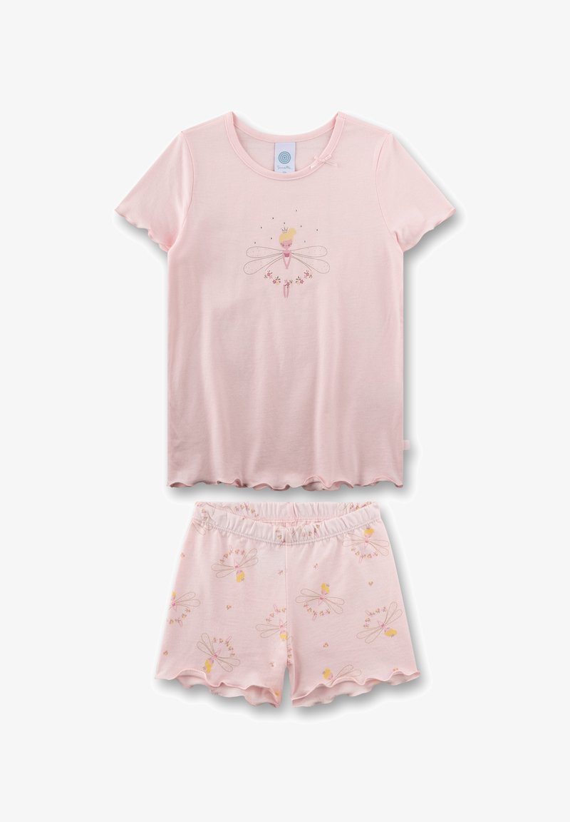 Rosa Baumwoll-Pyjama-Set mit kurzärmeligem Oberteil mit Feenmotiv und gewelltem Saum, dazu passende Shorts mit Blumenmuster.
