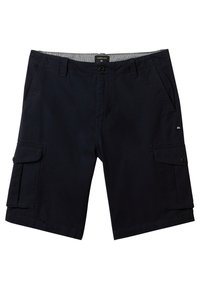 Shorts cargo bleu marine en coton, dotés de plusieurs poches, d'une fermeture à bouton et d'une coupe droite avec une légère texture.