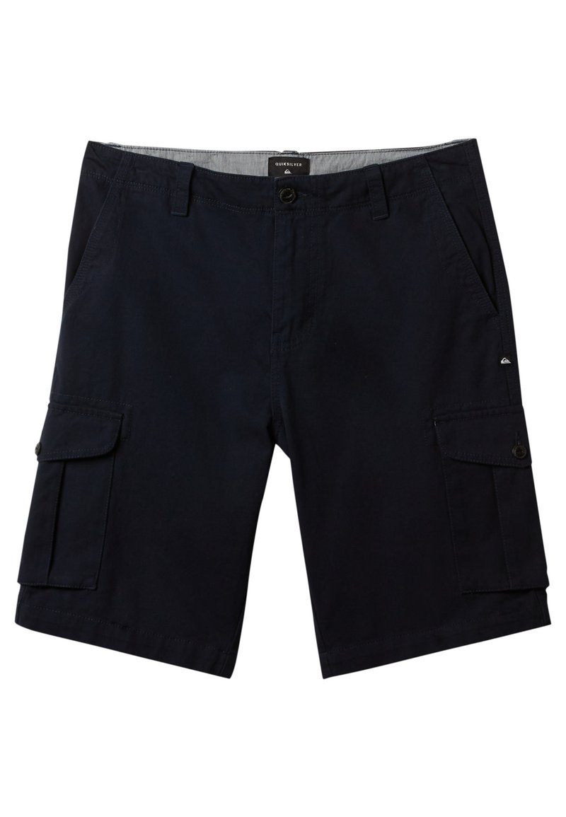 Shorts cargo bleu marine en coton, dotés de plusieurs poches, d'une fermeture à bouton et d'une coupe droite avec une légère texture.