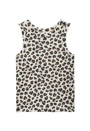 Débardeur côtelé sans manches avec fond beige et motif léopard noir et marron, posé à plat sur fond blanc.