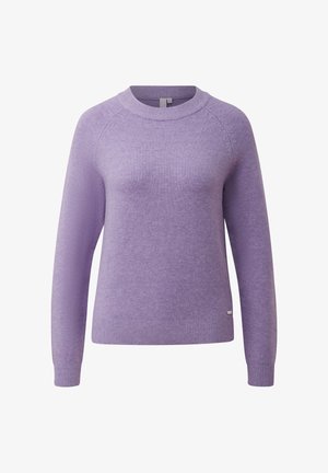 Paarse gebreide trui met een ronde hals, lange mouwen en geribbelde boorden en zoom. Gladde textuur en lichtgewicht ontwerp.