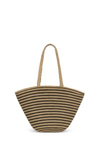 Ampia borsa a tracolla intrecciata in rafia naturale con strisce orizzontali nere e beige; presenta manici intrecciati e una finitura texture.