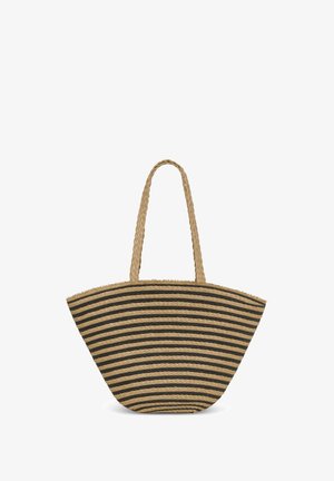 Grand sac fourre-tout tissé en paille naturelle avec des rayures horizontales noires et beiges ; doté de poignées tressées et d'une finition texturée.
