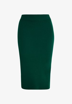 Tamsiai žalios spalvos ribotos pynimo pieštuko sijonas, turintis prigludusią siluetą ir sklandų juosmenį, sukurtas taip, kad glaustų prie kūno be jokių papildomų dekoracijų.