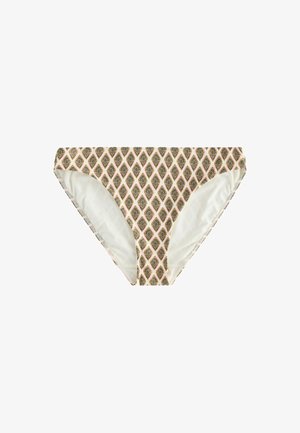 Slip bikini beige con motivo a forma di diamante con motivi di foglie nere e dorate, foderato con tessuto bianco.