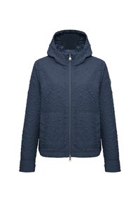 Marineblauwe gewatteerde jas met een capuchon, voorzien van een ritssluiting aan de voorkant, twee opgestikte zakken en een gestructureerde stof. Ontworpen voor warmte en comfort.