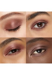 Four close-up views of eyes with brown and pink shimmery eyeshadow on diverse skin tones, showing both open and closed eyelids.