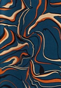 Marbled fabric featuring a navy blue background with swirls of orange, cream, and lighter blue, giving a fluid and textured appearance.