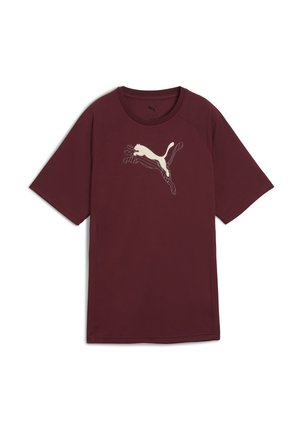 Bordo sportska majica kratkih rukava s bijelim Puma logotipom u skakačkom položaju sprijeda. Mekana tkanina, okrugli izrez.
