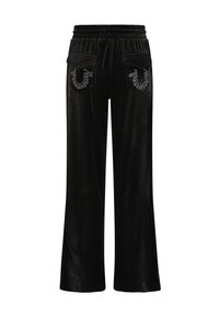 Schwarze Samt-Hose mit weitem Bein und elastischem Bund, ausgestattet mit zwei hinteren Taschen, die mit dekorativer Stickerei verziert sind. Glatte Textur.