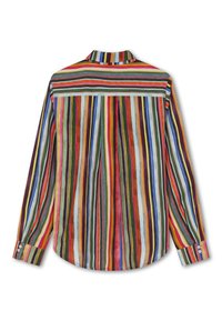 Multikleurige gestreepte shirt met knopenmanchetten, met verticale strepen in rood, groen, geel, blauw en paars op een lichte stof.