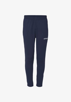 Navy Sporthosen aus elastischem Stoff, mit einem elastischen Bund und diskreten Seitentaschen. "uhlsport"-Logo in Weiß auf dem Bein.