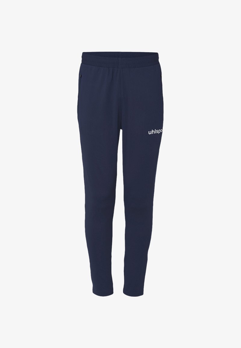 Marineblauwe sportbroeken van rekbare stof, met een elastische tailleband en onopvallende zijzakken. "uhlsport" logo in het wit op het been.