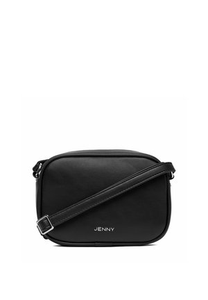 Bolso bandolera rectangular negro con correa ajustable y logo plateado "JENNY" en el frente.