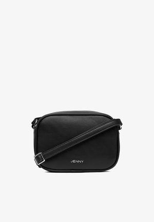 Bolso bandolera rectangular negro con correa ajustable y logo plateado "JENNY" en el frente.