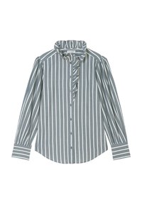 Camicia button-up con strisce verticali grigie e bianche, colletto a volant, maniche lunghe con polsini abbottonati e orlo curvo.