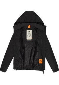 Juodas švarkas su užtrauktuku priekyje, elastingomis rankovėmis ir oranžine akcento etikete. Vidus išsiskiria lygaus, raštuoto audinio pamušalu.