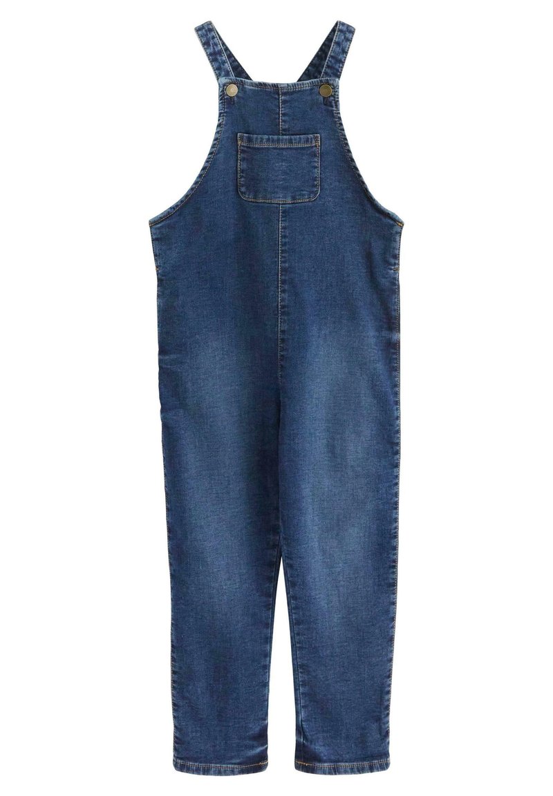 Jeansdresser i mørkeblått med justerbare skulderstropper, frontlomme og rette ben. Har messingfarget maskinvare.