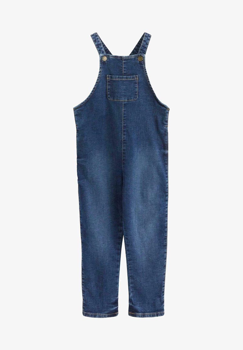 Salopette en denim bleu foncé avec bretelles réglables, poche avant et coupe droite. Équipée de matériel de couleur laiton.