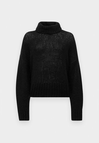 Suéter de malha preto com gola alta, apresentando um ajuste folgado, tecido texturizado, mangas longas e bainha canelada. Design leve e com trama parcialmente aberta.