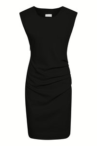 Abito nero senza maniche con scollatura rotonda, dettagli arricciati ai lati e una chiusura zip discreta, realizzato in un tessuto liscio e elasticizzato.