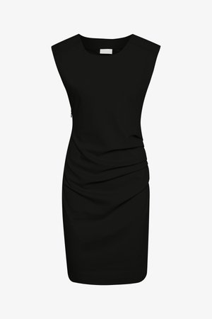 Robe noire sans manches avec un col rond, un détail de fronces sur les côtés et une fermeture éclair subtile, confectionnée dans un tissu lisse et extensible.