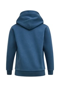 Felpa blu con una texture morbida, dotata di cappuccio con cordino, polsini e orlo a costine, e un design semplice senza loghi visibili.