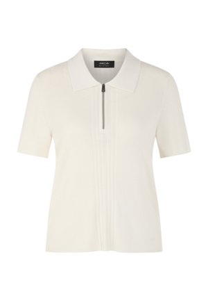 Weißes Poloshirt mit kurzen Ärmeln, Kragen und halbem Reißverschluss, mit gerippter Struktur und dezenten vertikalen Streifen.