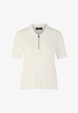 Weißes Poloshirt mit kurzen Ärmeln, Kragen und halbem Reißverschluss, mit gerippter Struktur und dezenten vertikalen Streifen.