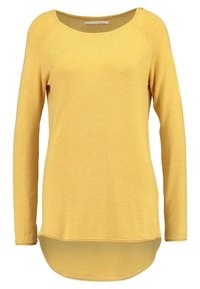 Pull jaune à manches longues avec un col rond, en tissu tricoté texturé, et un ourlet arrondi. Finition lisse avec des accents côtelés subtils.
