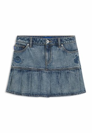 Denim rok met geplooid onderpaneel, lichte blauwwas, twee voorzakken, zichtbare stiksels en decoratieve blauwe borduurwerk aan de zijkant.