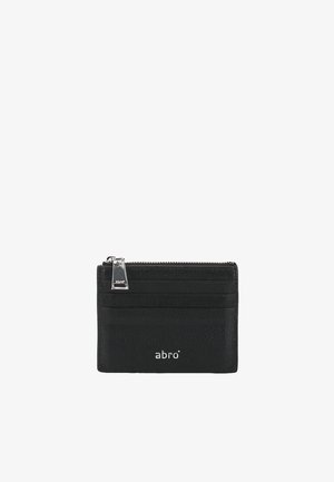 Black leather cardholder with silver zipper on top, three front card slots, and "abro" logo embossed in silver on the lower front.