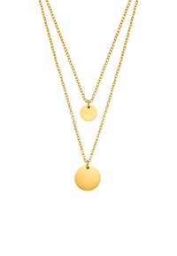 Collana a strati in tono dorato con due pendenti rotondi, uno più grande e uno più piccolo, con delicate maglie di catena.