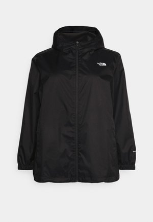 Chaqueta negra con capucha y cremallera, puños elásticos y el logo de The North Face en el pecho, mostrada sobre un fondo blanco.