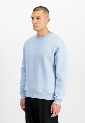 Light blue sweatshirt made of soft fabric with a ribbed crew neckline and cuffs. Features a subtle logo printed on the chest.
