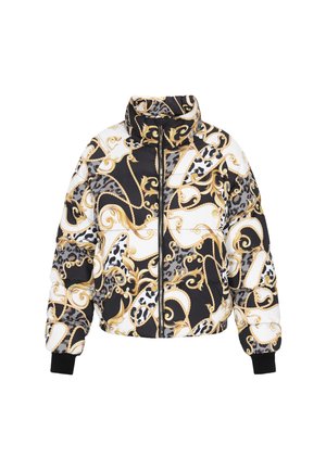Jachetă puffer neagră, albă și aurie, cu modele baroce și de lanț intricate, fermoar frontal, guler înalt și manșete negre cu nervuri.