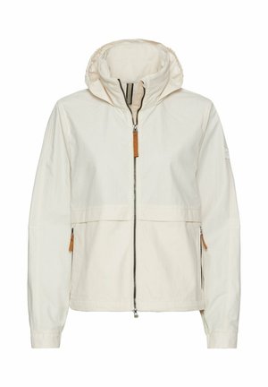 Veste à capuche légère crème avec une fermeture éclair sur le devant, deux poches zippées et des accents en cuir. Texture lisse et coupe décontractée.